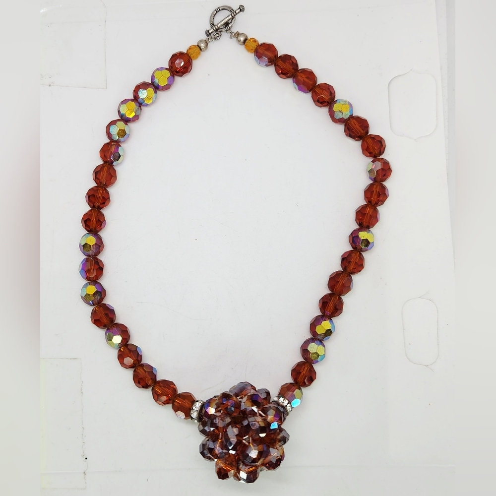 Vintage Faceted Dark Amber Brown AB Glass Bead Necklace Cluster Ball Pendant 16"